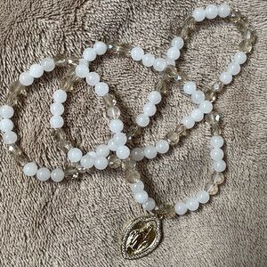 18K Gold Dipped Virgin Mary Moonstone And Cream Crystal Necklace